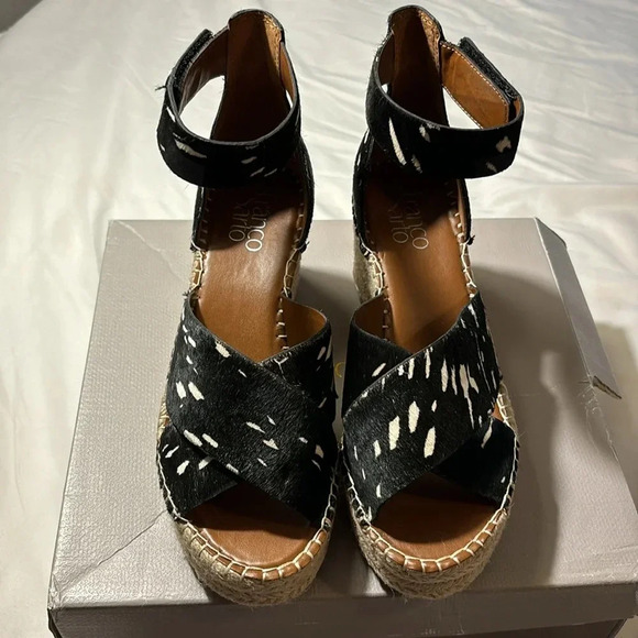 Franco Sarto Carma Black White Pony Calfhair Leather Wedge Sandals - Picture 3 of 13